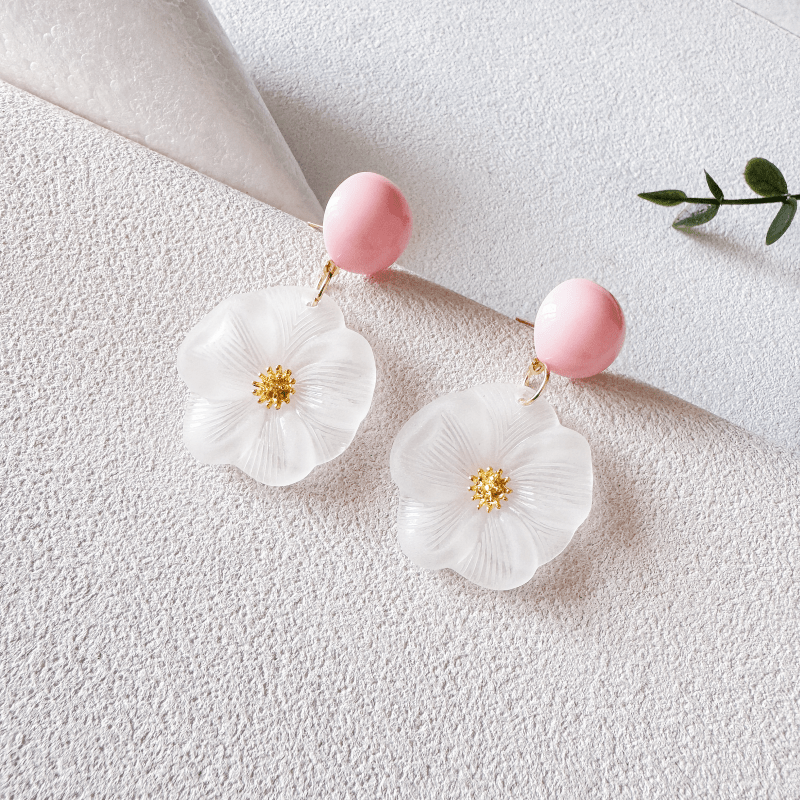 Boho Flower Earrings with Golden Stamens & Pink Balls Iron Posts